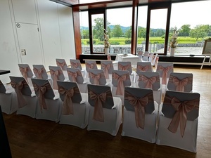 Das Trauzimmer im Kultur & B�rgerhaus Denzlingen. Zu sehen sind mit wei�en Hussen und rosa Schleifen versehene St�hle. Dahinter eine Fensterfront mit Ausblick ins Gr�ne.