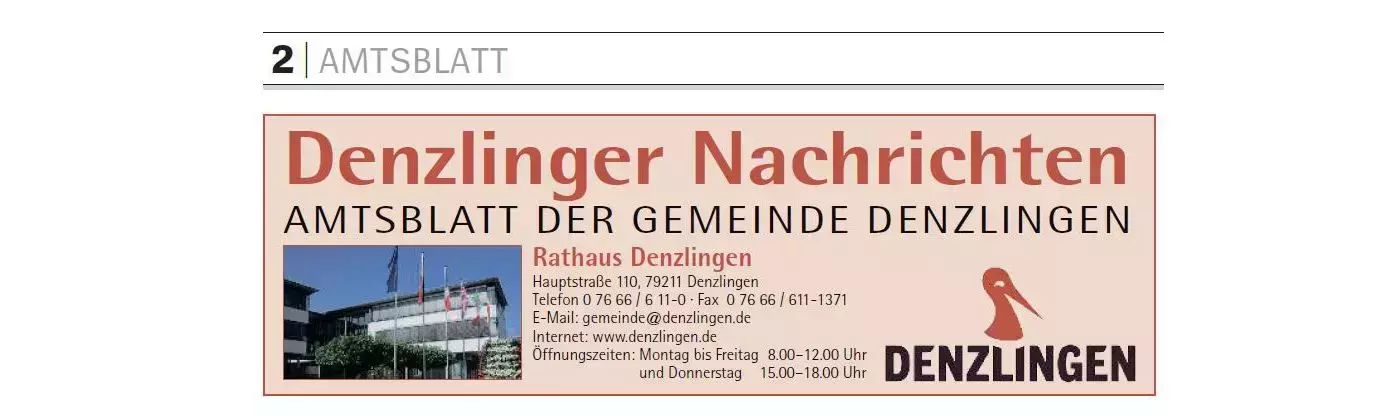 Foto Kopfzeile Amtsblatt "Denzlinger Nachrichten" mit Anschrift, Öffnungszeiten und Bildansicht Rathaus
