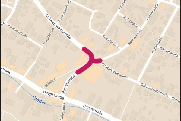 Kartenausschnitt Vollsperrung Kreuzung, Schwarzwaldstr./Rosenstraße, Zeitraum 24.10. – 04.11.2022 Kartenausschnitt Vollsperrung Kreuzung, Schwarzwaldstr./Rosenstraße, Zeitraum 24.10. – 04.11.2022