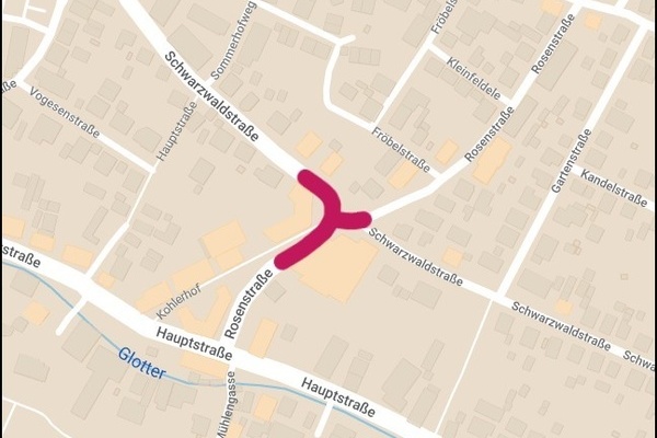 Kartenausschnitt Vollsperrung Kreuzung, Schwarzwaldstr./Rosenstraße, Zeitraum 24.10. – 04.11.2022