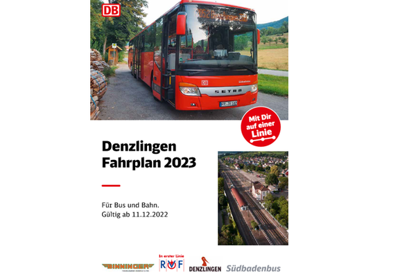 Busbahnhof Denzlingen und ein Bus mit dem Schriftzug Denzlingen Fahrplan 2023 Busbahnhof Denzlingen und ein Bus mit dem Schriftzug Denzlingen Fahrplan 2023
