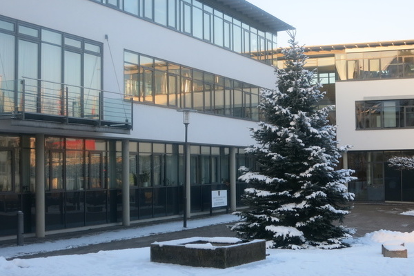Rathaus Denzlingen mit Tannenbaum auf Rathausplatz  	 Rathaus Denzlingen mit Tannenbaum auf Rathausplatz