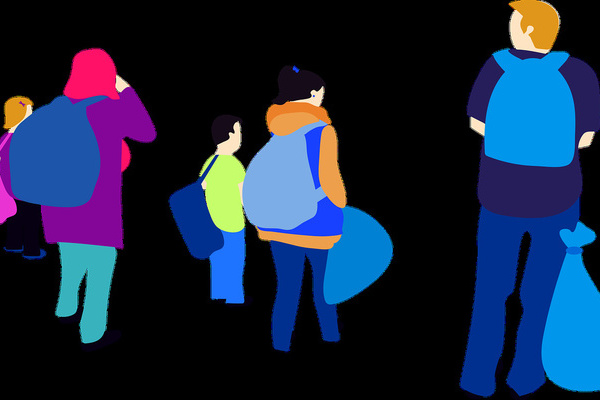 Grafische Darstellung von fünf Menschen mit Rucksäcken und Taschen