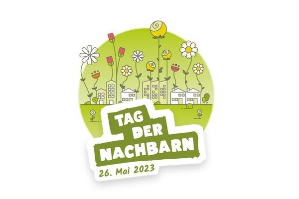 Runder, grüner Kreis mit gezeichneten bunten Blumen und Überschrift Tag des Nachbarn 26. Mai 2023 Runder, grüner Kreis mit gezeichneten bunten Blumen und Überschrift Tag des Nachbarn 26. Mai 2023