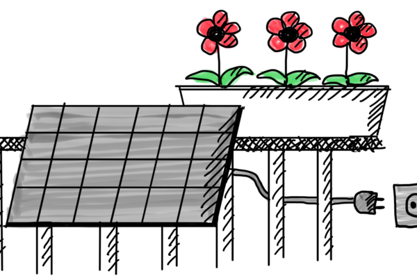 Zeichnung: Photovoltaik-Modul an einem Balkongeländer, Blumenkasten mit roten Blumen, Stecker, Steckdose