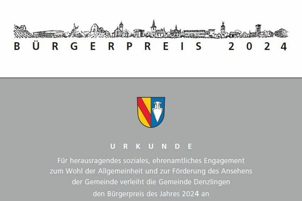 Bürgerpreis 2024 Urkunde - Schwarze und weiße Schrift auf weißem und grauen Untergrund. Denzlinger Wappen in gelb rot und blau. Bürgerpreis 2024 Urkunde - Schwarze und weiße Schrift auf weißem und grauen Untergrund. Denzlinger Wappen in gelb rot und blau.