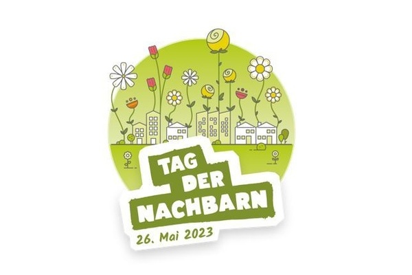 Runder grüner Kreis mit gezeichneten Blumen und Überschrift Tag des Nachbarn am 26. Mai 2023