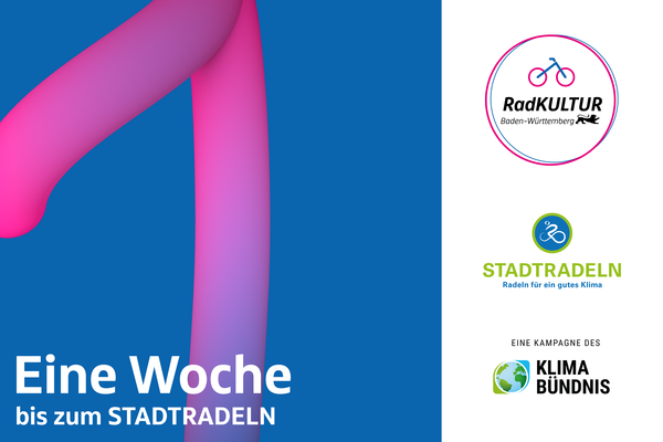 Eine Woche bis zum Stadtradeln. Logos der Veranstalter und Partner, pinke Eins auf blauem Untergrund Eine Woche bis zum Stadtradeln. Logos der Veranstalter und Partner, pinke Eins auf blauem Untergrund