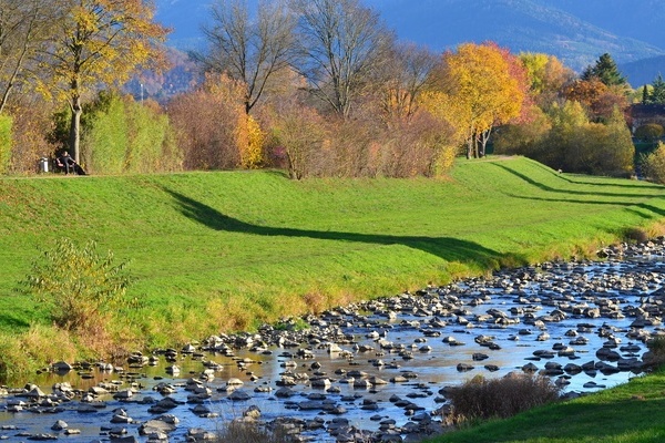 Fluss mit grünem Ufer Fluss mit grünem Ufer