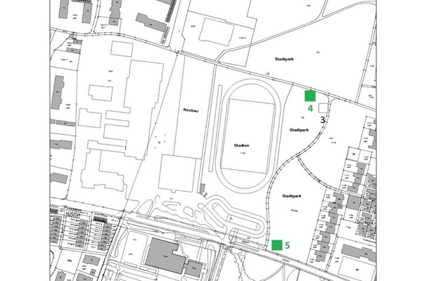 Lageplan mit grünen Markierungen 4 und 5, die die neuen Bohrstellen anzeigen Lageplan mit grünen Markierungen 4 und 5, die die neuen Bohrstellen anzeigen