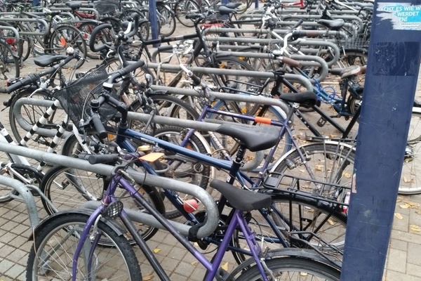 Viele Fahrräder abgestellt an Fahrradständern mit Anlehnbügel und doppelseitiger Radeinstellung