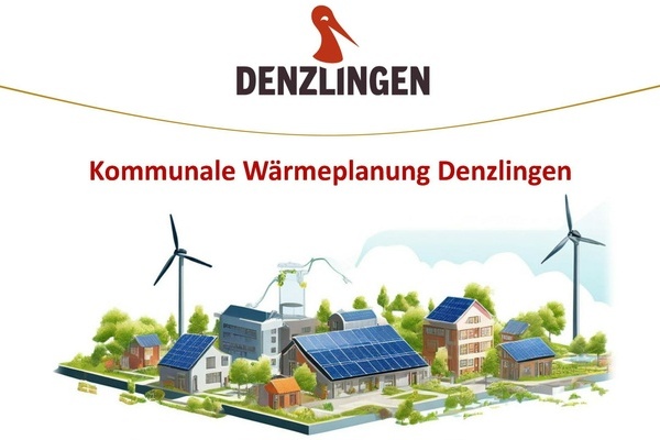 Rote Schrift auf wei&szlig;em Grund, Denzlinger Logo, grafische Darstellung einer Ortschaft mit erneuerbarer Energiegewinnung