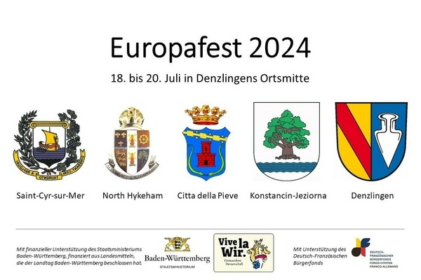 Die vier Wappen der Partnergemeinden Denzlingen, St. Cyr sur Mer, North Hykeham und Konstancin-Jeziorna - Europafest 2024 Die vier Wappen der Partnergemeinden Denzlingen, St. Cyr sur Mer, North Hykeham und Konstancin-Jeziorna - Europafest 2024