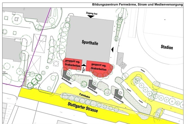 Plan des Bildungszentrums Denzlingen, rot und gelb markierte Flchen