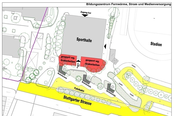 Plan des Bildungszentrums Denzlingen, rot und gelb markierte Flächen Plan des Bildungszentrums Denzlingen, rot und gelb markierte Flächen