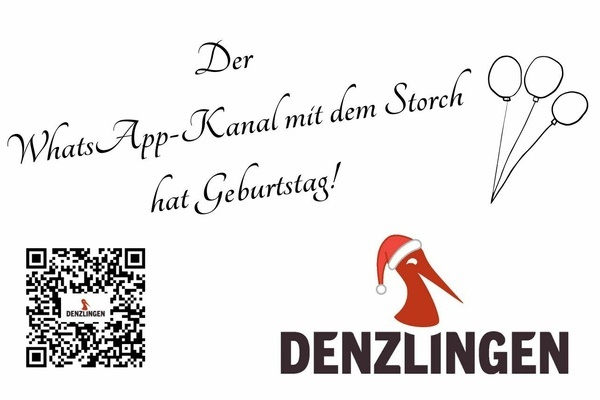 Der WhatsApp Kanal mit den Storch feiert Geburtstag. Schwarze Schrift auf weiem Untergrund. Roter Storch