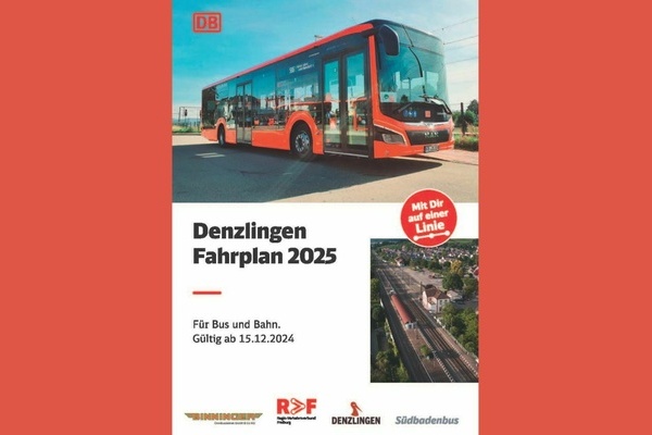 Cover des neuen Fahrplanheftes Denzlingen Fahrplan 2025 für Bus und Bahn Cover des neuen Fahrplanheftes Denzlingen Fahrplan 2025 für Bus und Bahn