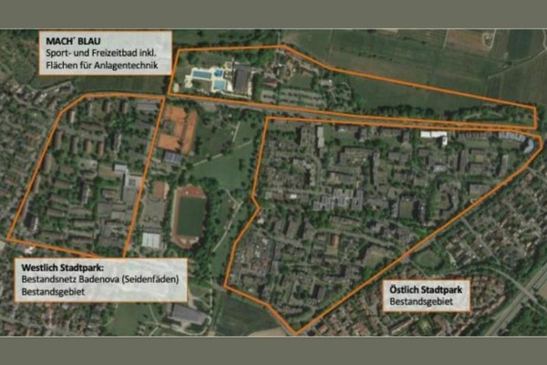 Luftaufnahme Denzlinger Stadtpark, Bildungszentrum und angrenzende Wohngebiete. F&uuml;r die markierten Bereiche laufen Planungen f&uuml;r Nahw&auml;rmenetze. Foto: sinnology GmbH