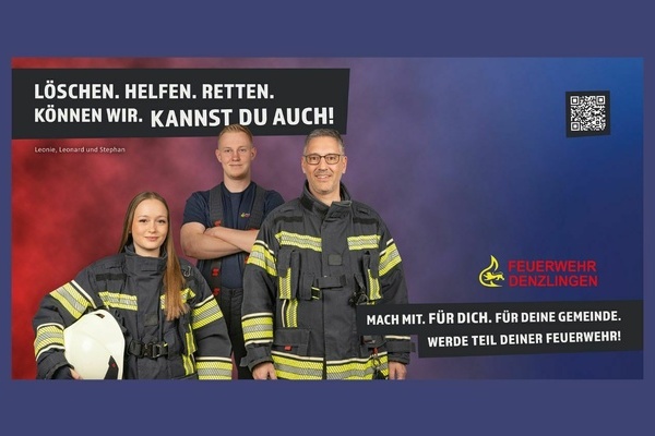 drei Feuerwehrleute in Uniform auf rotem und blauem Hintergrund. Weiße Schrift auf schwarzem Hintergrund. Kreisweite Aktion der Freiwilligen Feuerwehren Aktion zur Mitgliedergewinnung drei Feuerwehrleute in Uniform auf rotem und blauem Hintergrund. Weiße Schrift auf schwarzem Hintergrund. Kreisweite Aktion der Freiwilligen Feuerwehren Aktion zur Mitgliedergewinnung