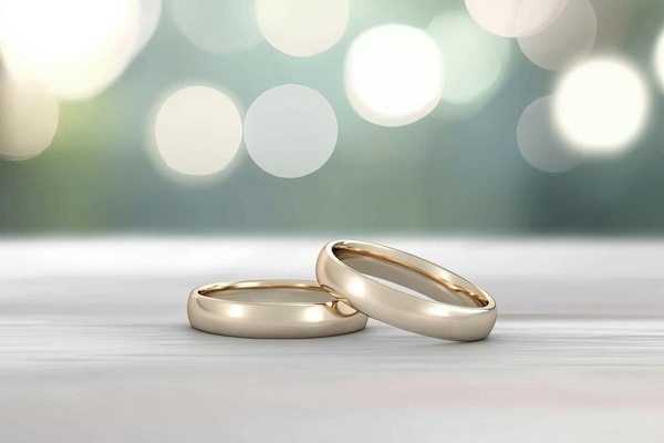 zwei goldene Eheringe liegen auf weißer Fläche, helle Lichtpunkte im Hintergrund zwei goldene Eheringe liegen auf weißer Fläche, helle Lichtpunkte im Hintergrund