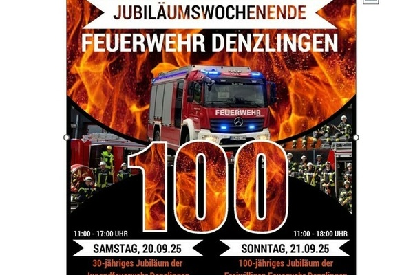 Flyer Jubiläumswochenende Feuerwehr Denzlingen mit Feuerwehrfahrzeug und großer Zahl 100, Farbe flackerndes Feuer Flyer Jubiläumswochenende Feuerwehr Denzlingen mit Feuerwehrfahrzeug und großer Zahl 100, Farbe flackerndes Feuer
