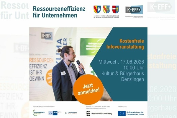Ressourceneffizienz f&uuml;r Unternehmen. Werbeplakat f&uuml;r kostenfreie Infoveranstaltung. Redner mit Mikrofon.