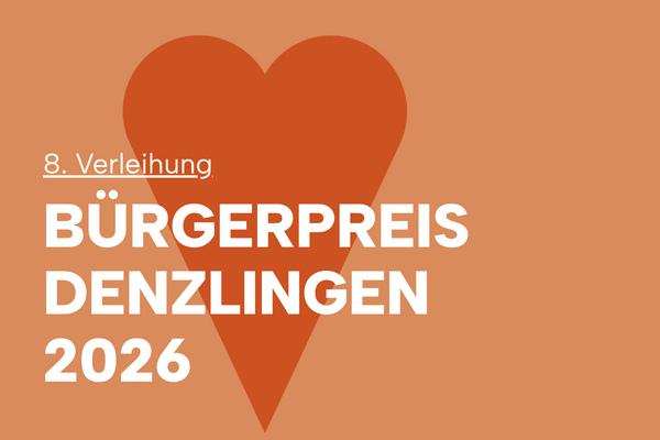 hellroter Hintergrund, rotes Herz, wei&szlig;e Schrift, 8. Verleihung B&uuml;rgerpreis Denzlingen 2026