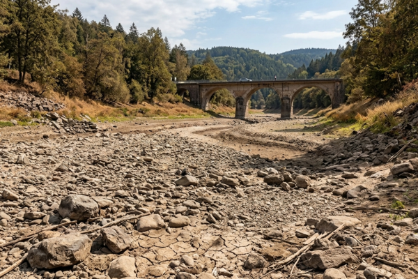 Trockenes Flussbett, Steinbr&uuml;cke, auf der ein Auto f&auml;hrt und ein Mensch steht, Bild mit KI generiert (Google Gemini)