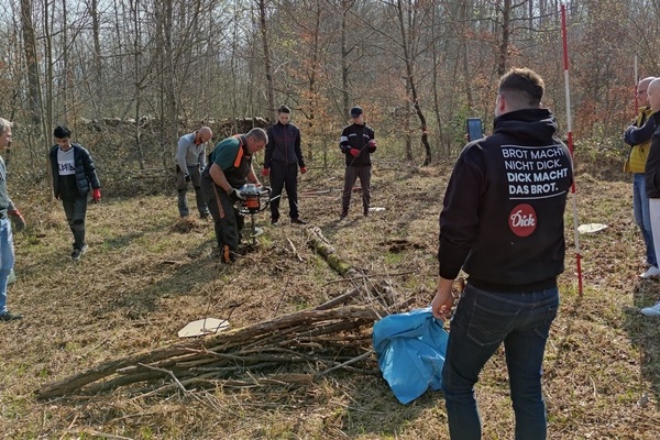 Waldpflanzaktion: mehrere Personen pflanzen Bäume auf einem unbepflanzten Waldgrundstück Waldpflanzaktion: mehrere Personen pflanzen Bäume auf einem unbepflanzten Waldgrundstück