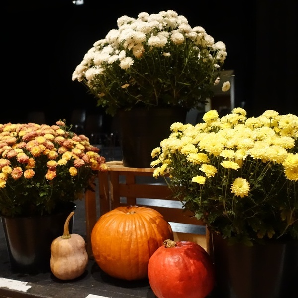 Blumen und Kürbisse zieren die Bühne des Lothar-Fischer-Saals