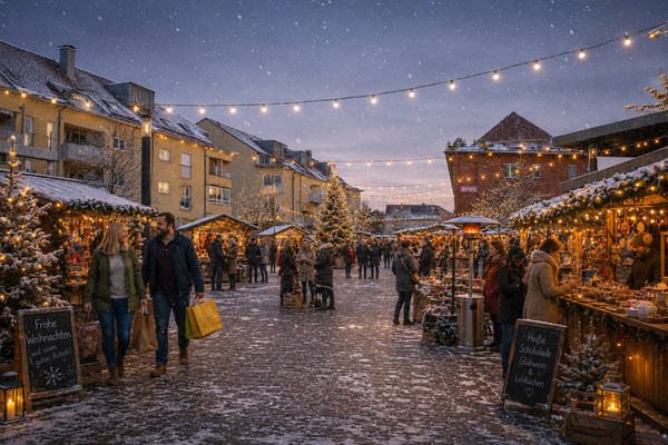Ortsmitte mit Marktst�nden und BesucherInnen, weihnachtlich dekoriert