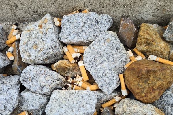 Steine mit Zigarettenkippen