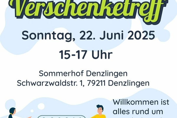 Verschenktreff Plakat - dunkle Schirft auf hellem Untergrund, grafische Elemente