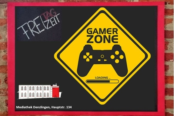 Gamer Zone, gelbes Schild mit schwarzer Schrift