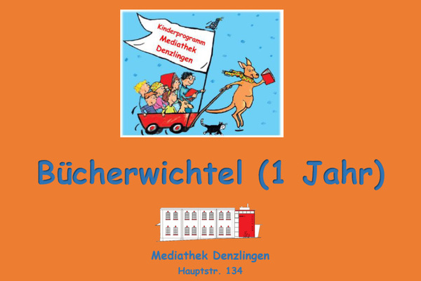 Bcherwichtel Mediathek Denzlingen - blaue Schrift auf orangenem Untergrund